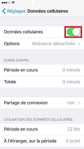 Iphone IOS 10 données cellulaires activation