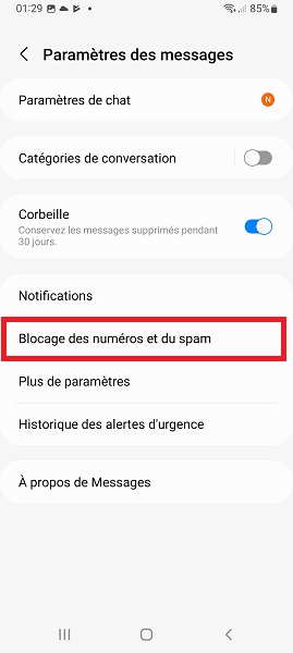 Samsung android 12 bloquer SMS