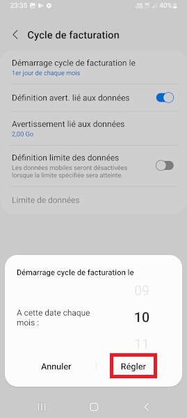 Samsung android 12 cycle de facturation