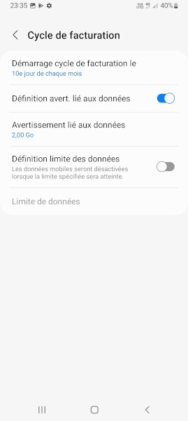 Samsung android 12 cycle de facturation