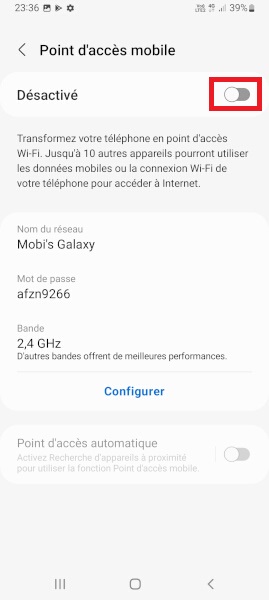 Samsung android 12 point d'accès mobile