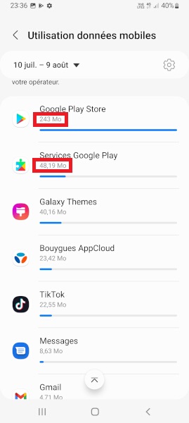 Samsung android 12 données par application