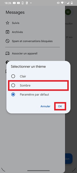 Google messages theme sombre